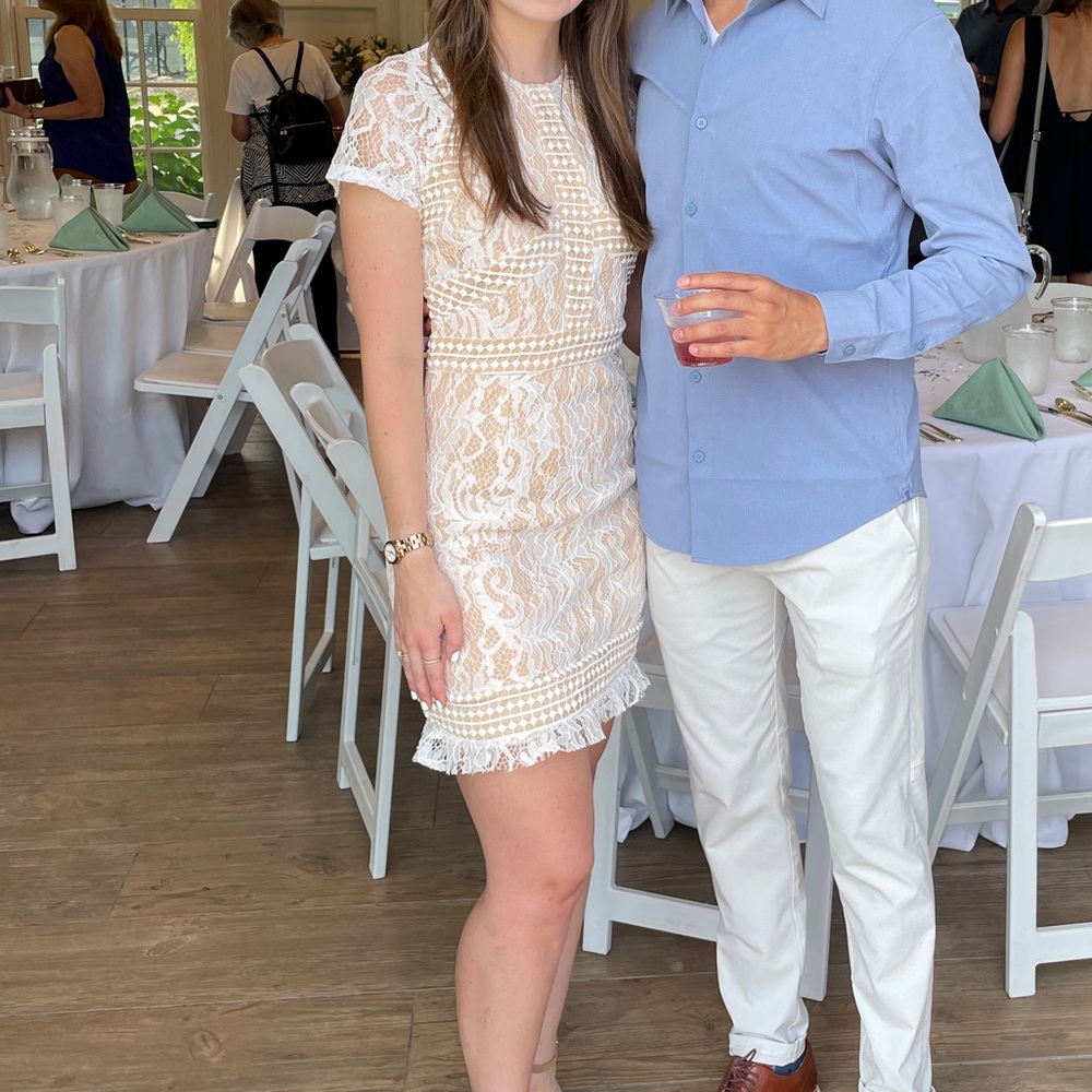 PrettyLittleThing White and Tan Lace Mini Dress